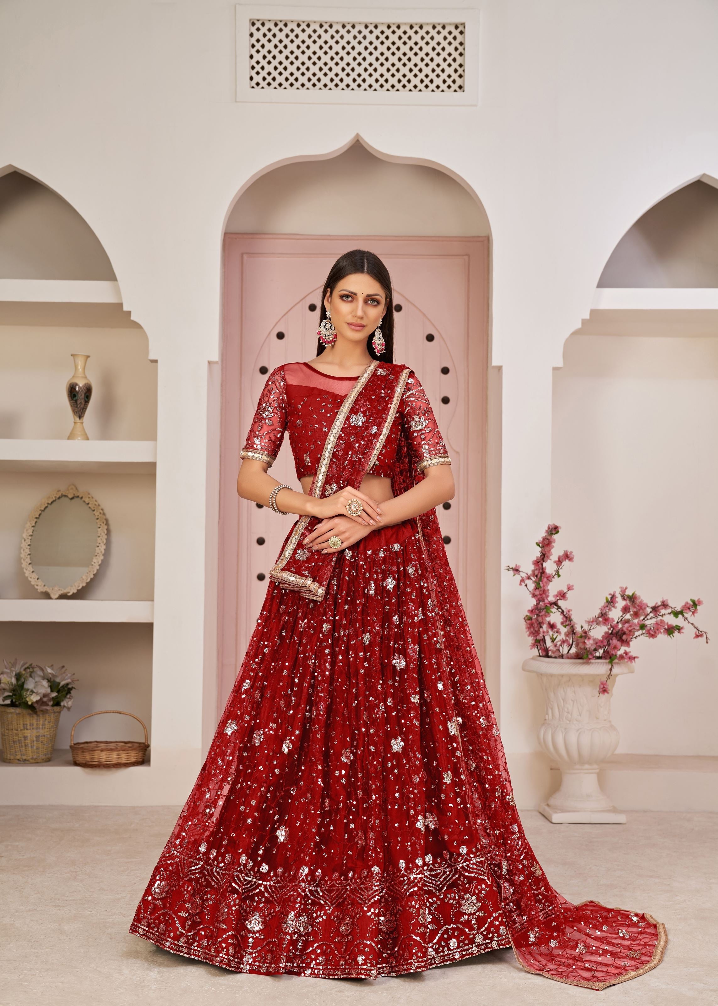 Red Net Lehenga Choli With Thread Embroidery Work