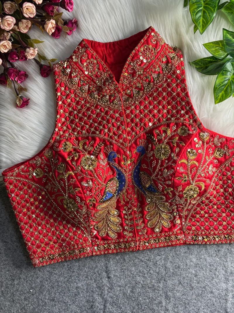 Red Peacock Embroidered Blouse with High Neck & Mirror Work