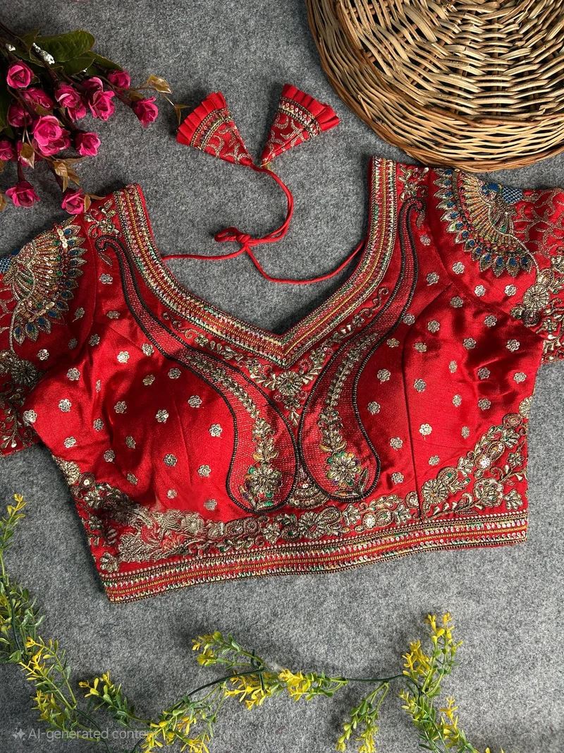 Red Peacock Embroidery Work Blouse  Heavy Work on Back  Sleeves