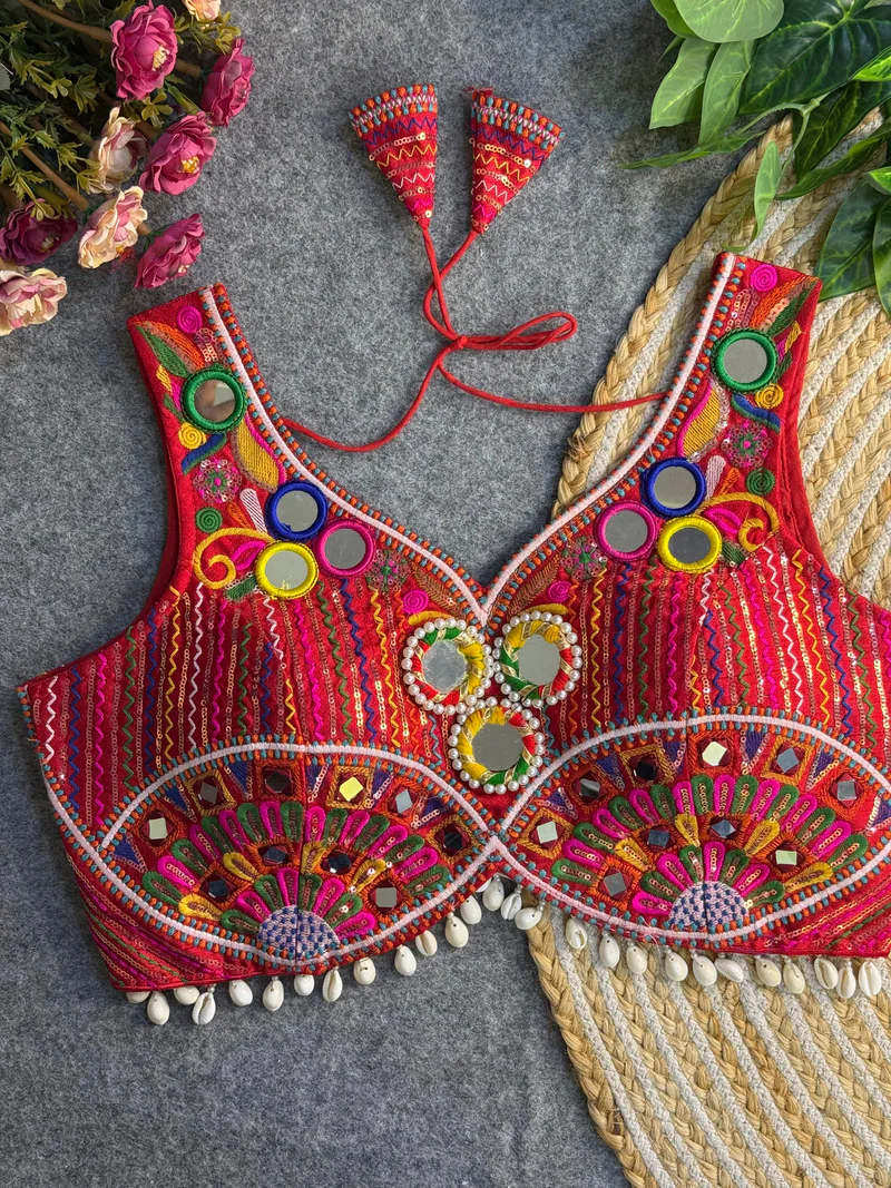 Red Real Handwork  Mirror Work Navratri Blouse