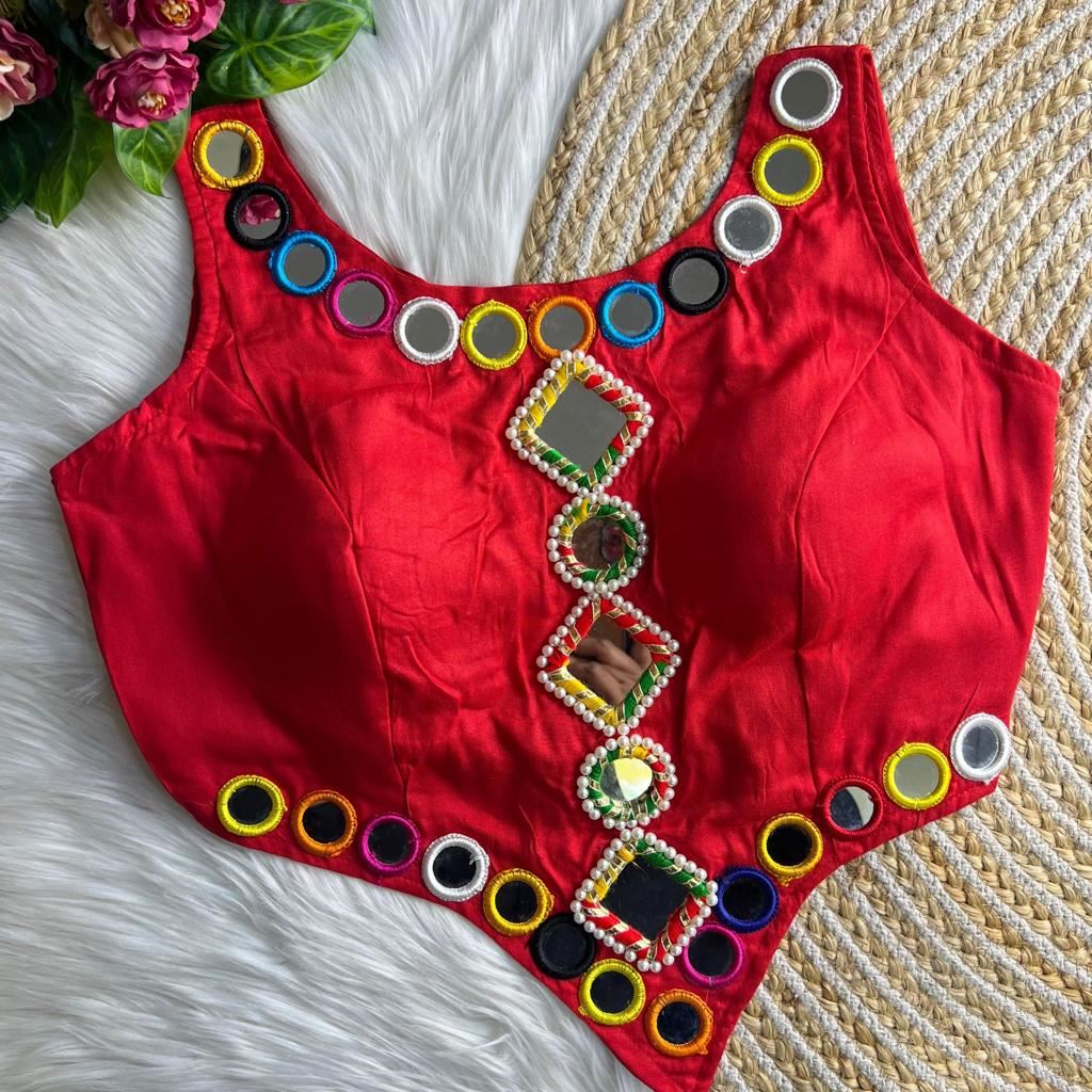 Red Real Mirror Navratri Handwork Blouse