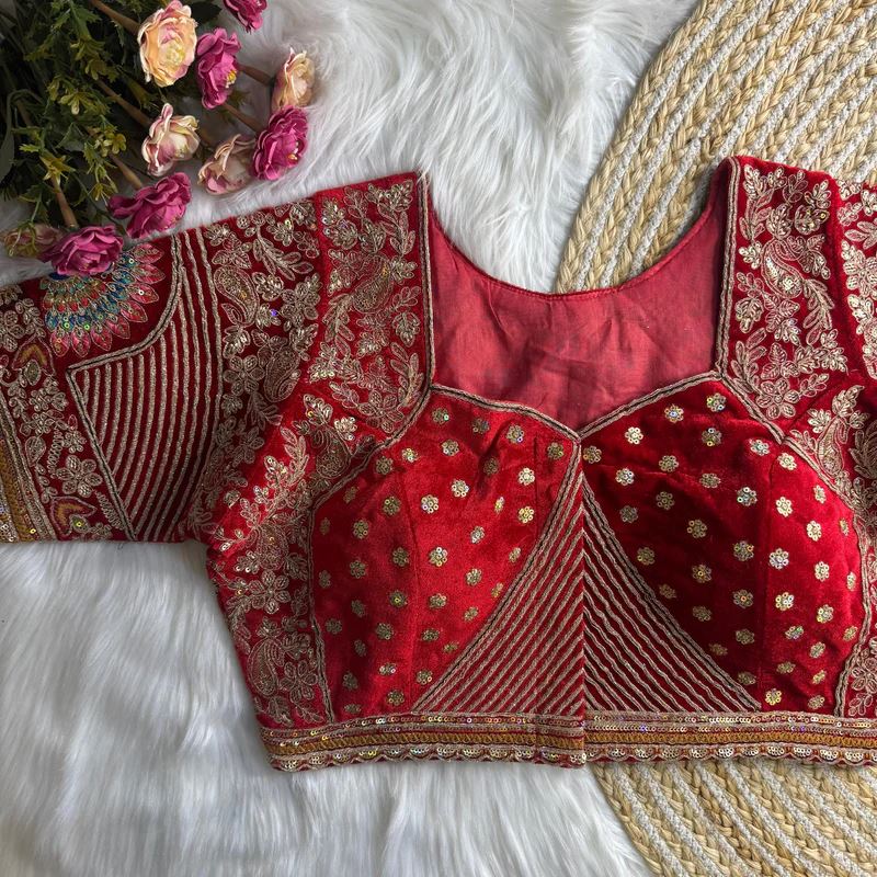 Red  Royal Rajwadi Velvet Wedding Blouse with Dulha Dulhan Embroidery