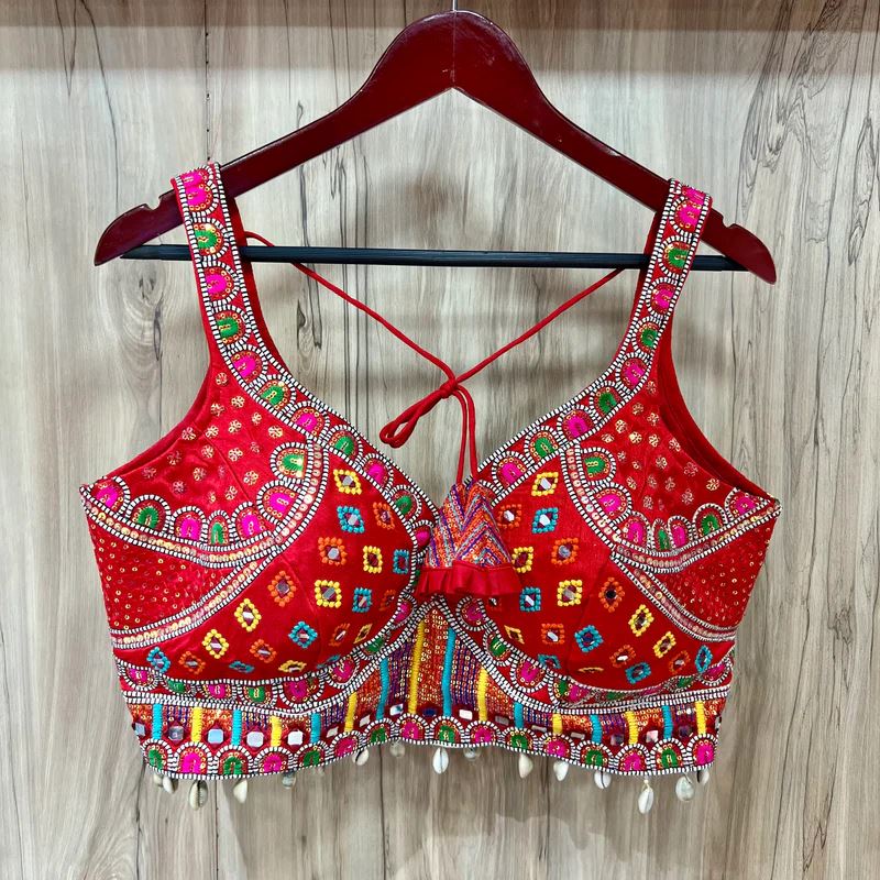 Red  Timo Silk Royal Shine Blouse with Real Mirror Work –10" Sleeve Attached