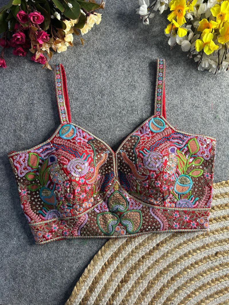 Red Vibrant Boho Spaghetti Blouse with Mirror & Thread Work