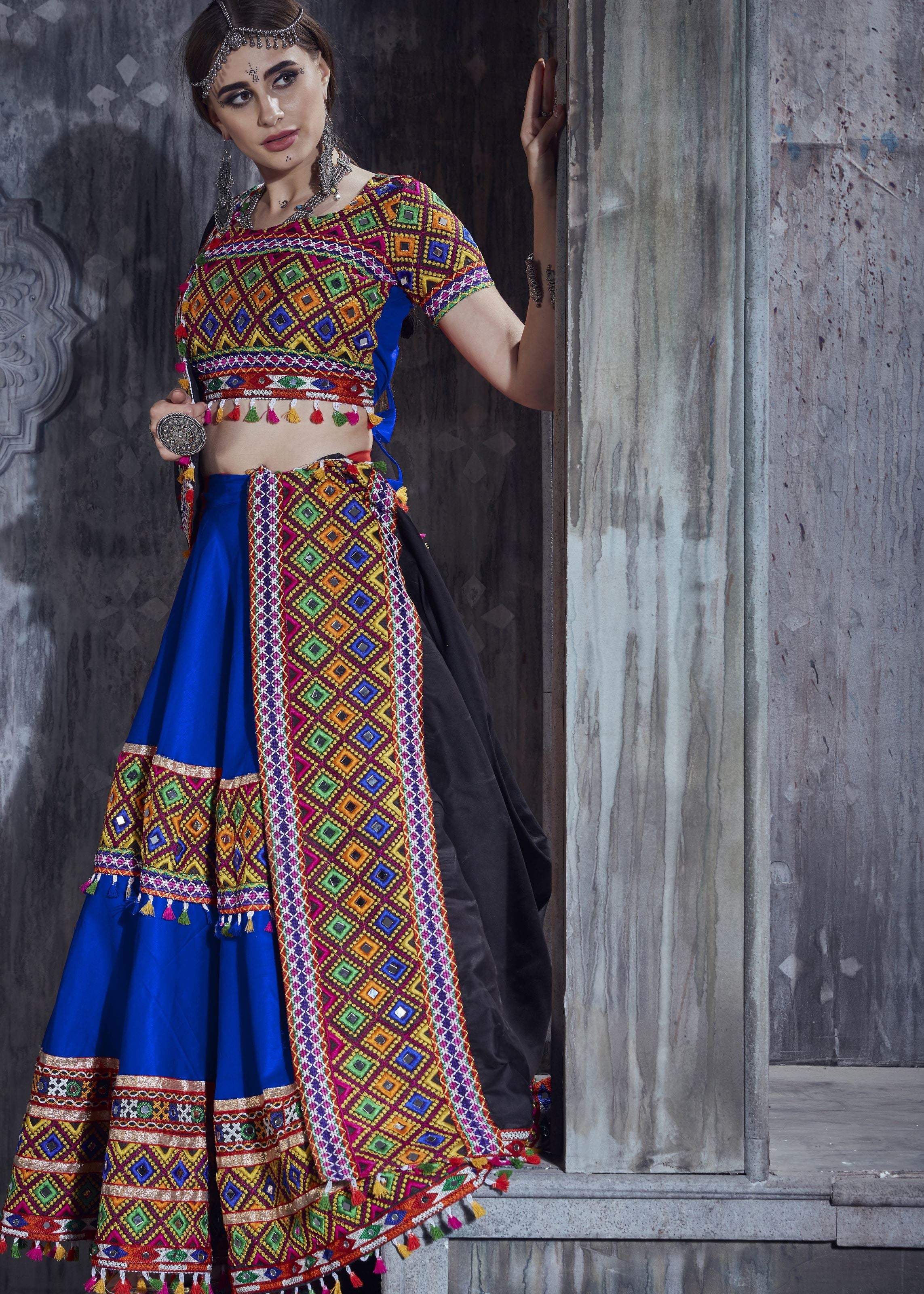 Royal Blue And Black Navratri Chaniya Choli With Gamthi Lace Work With Mirror Work