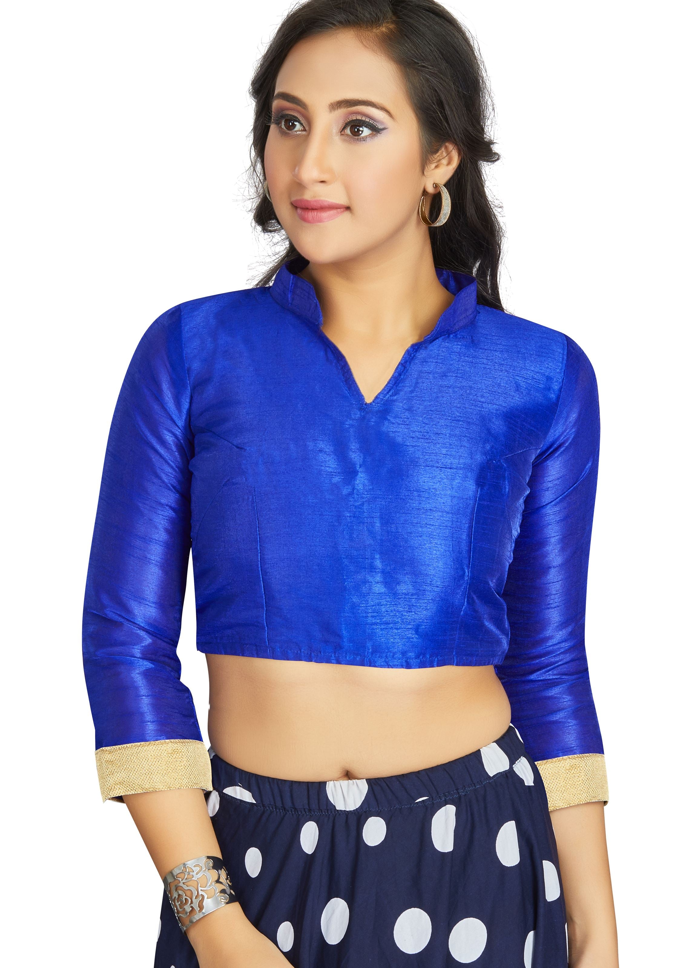 Royal Blue Art Silk V Neck Chinese Collar Blouse With Matty In Sleeve