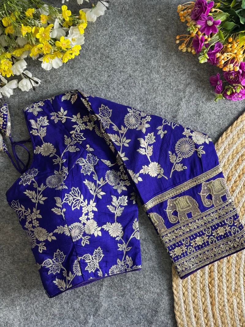 Royal Blue Elegant Silk Blouse with Intricate Elephant Design