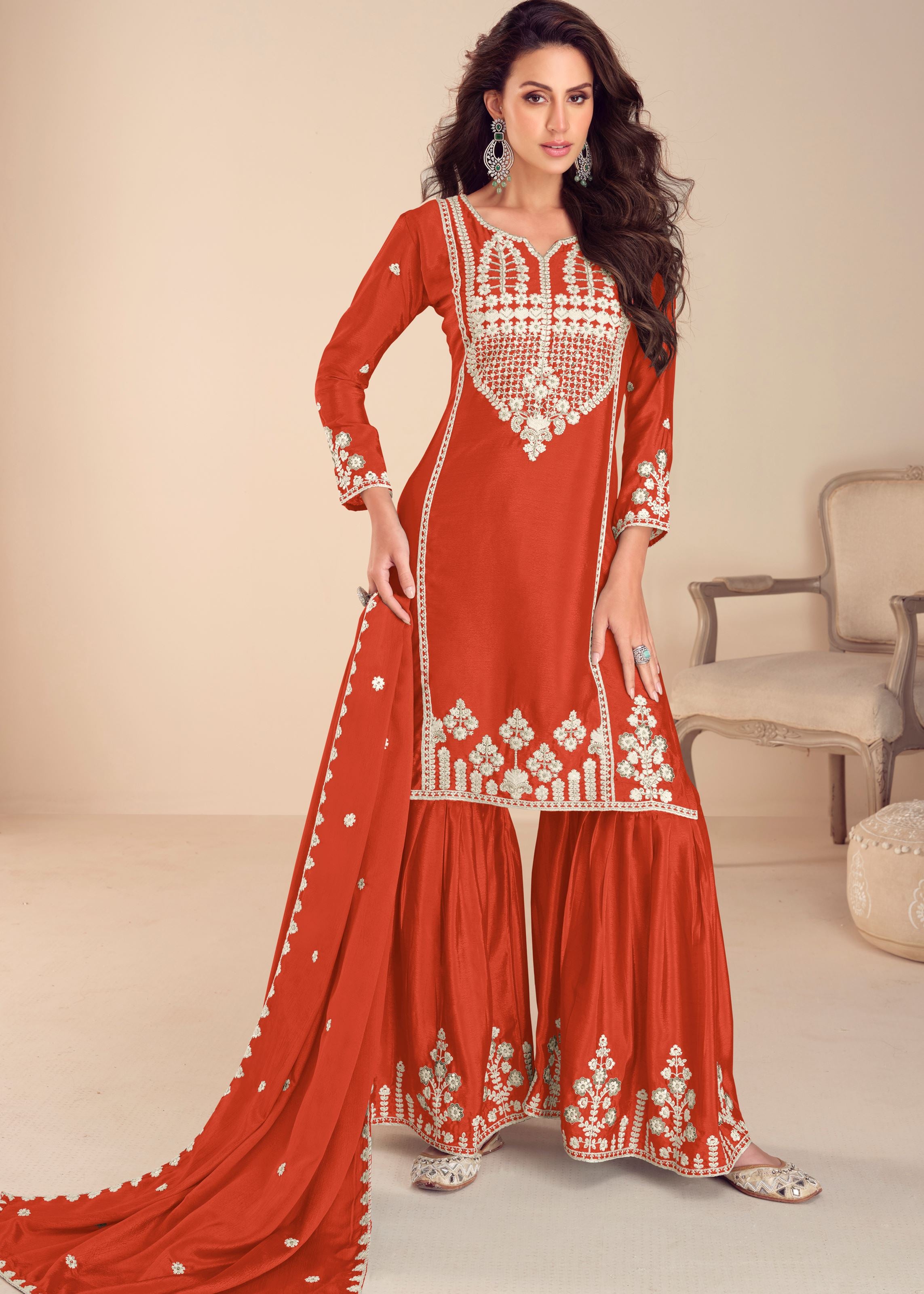Rust Top-Gharara With Embroidery, Khatli and Hand Moti Work (Free Size Stitched Upto 42)