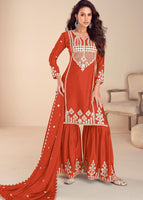 Rust Top-Gharara With Embroidery, Khatli and Hand Moti Work (Free Size Stitched Upto 42)