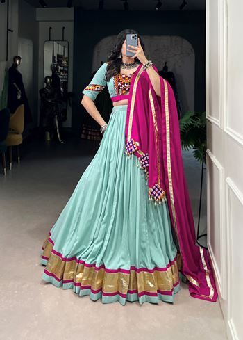 Sea Green Embossed Rayon Lehenga Choli with Lace Touch-Up