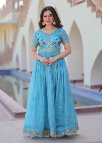Sky Anarkali With Heavy Multi Thread Embroidery Zari Sequins-Work