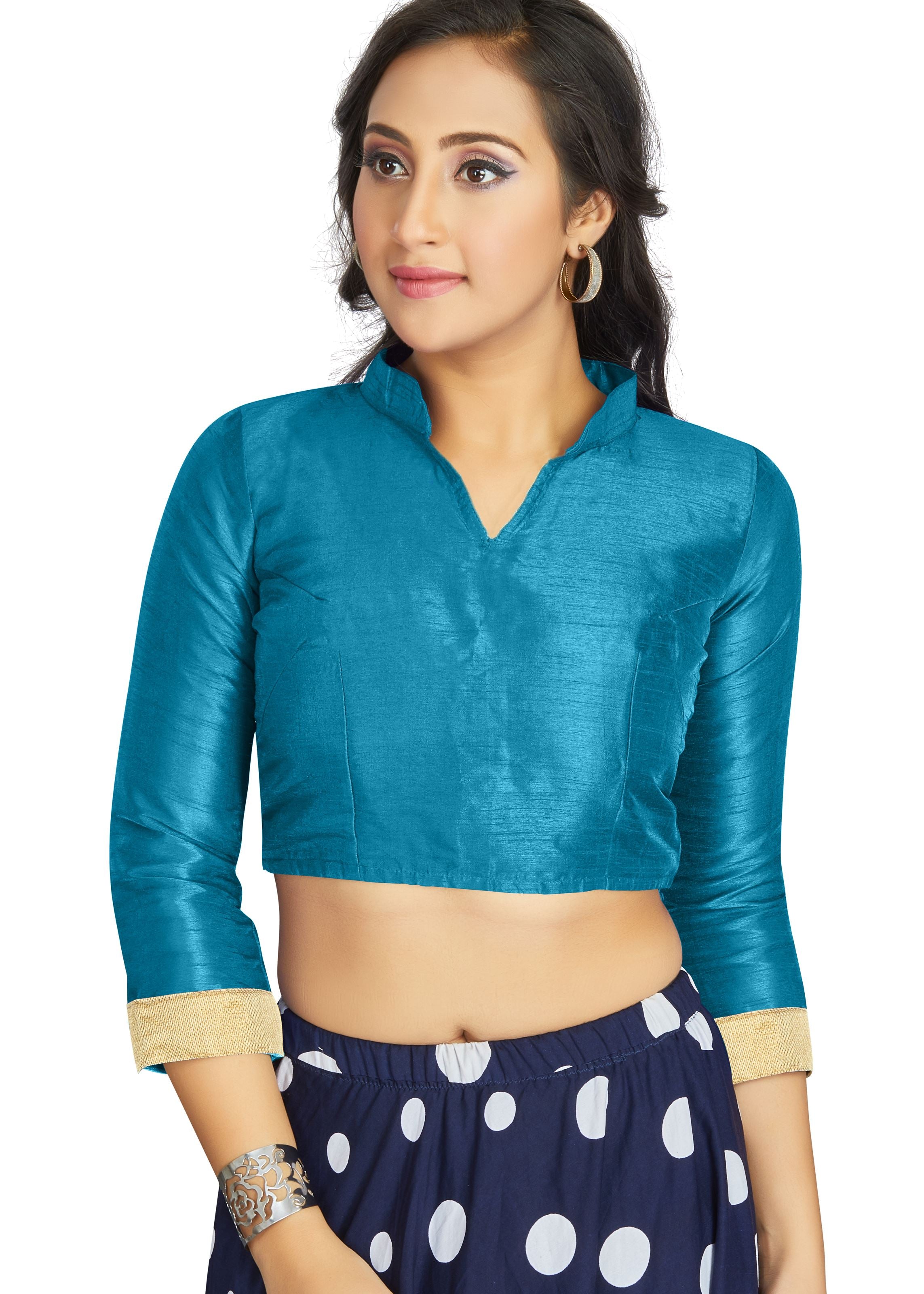 Sky Blue Art Silk V Neck Chinese Collar Blouse With Matty In Sleeve