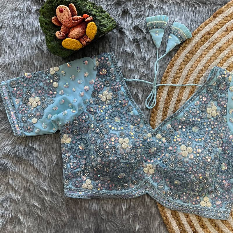 Sky Blue Diamond Drape Heavy Embroidered Bridal Blouse