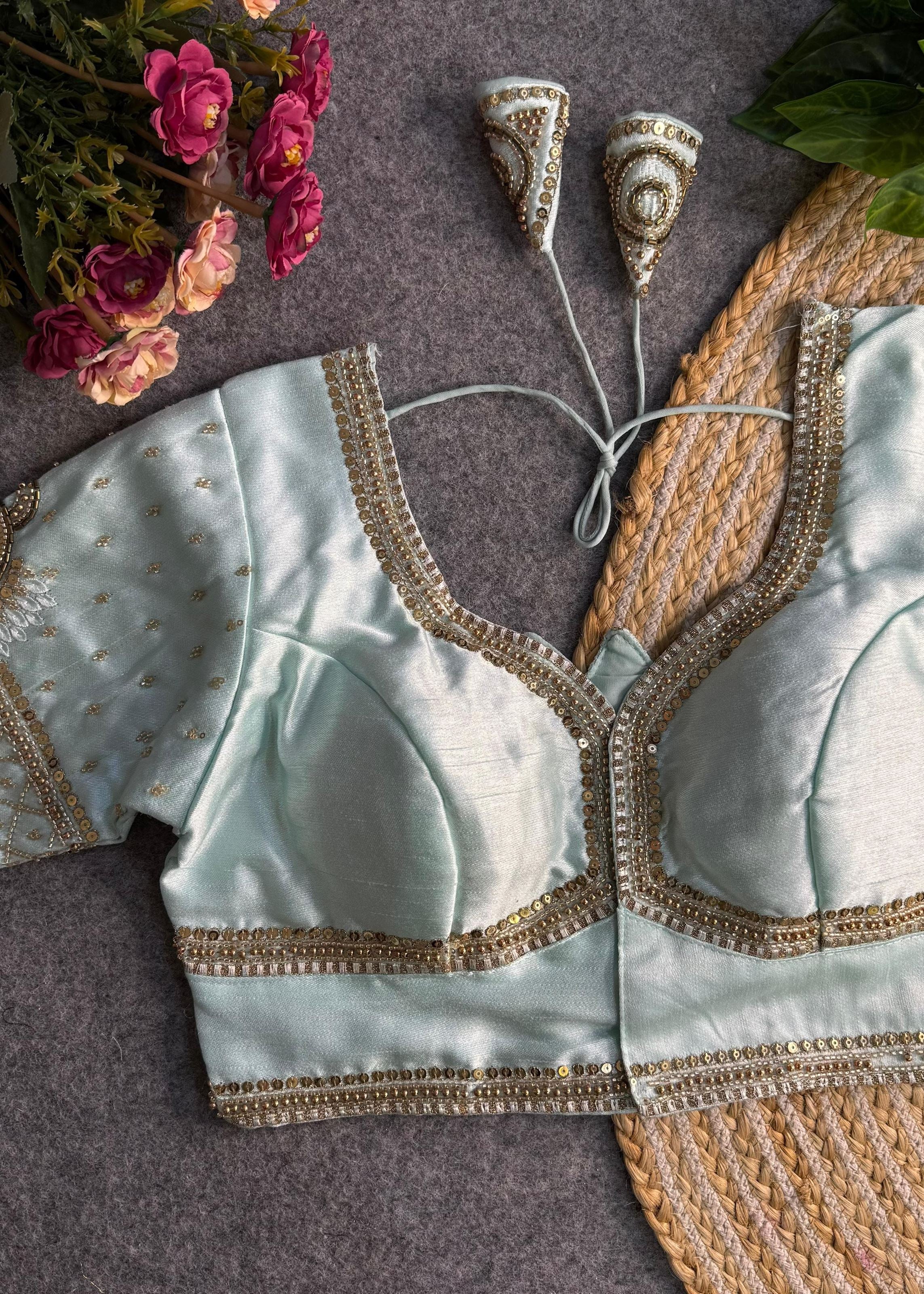 Sky Blue Sabyasachi-Inspired Heavy Bridal Blouse with Exquisite Lotus Beads Embroidery