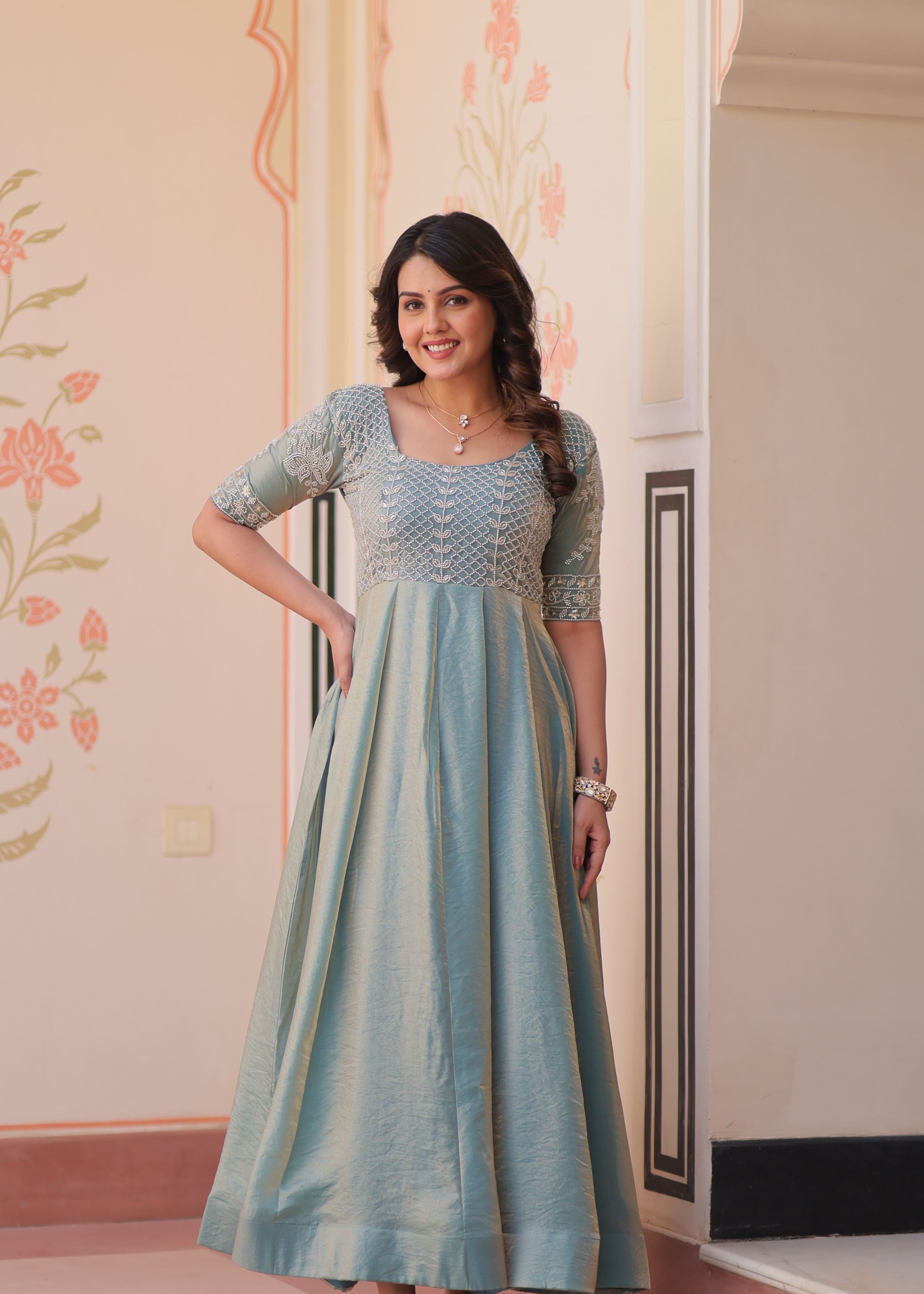 Sky Fendy Silk Gown With Beads Embroidered Work