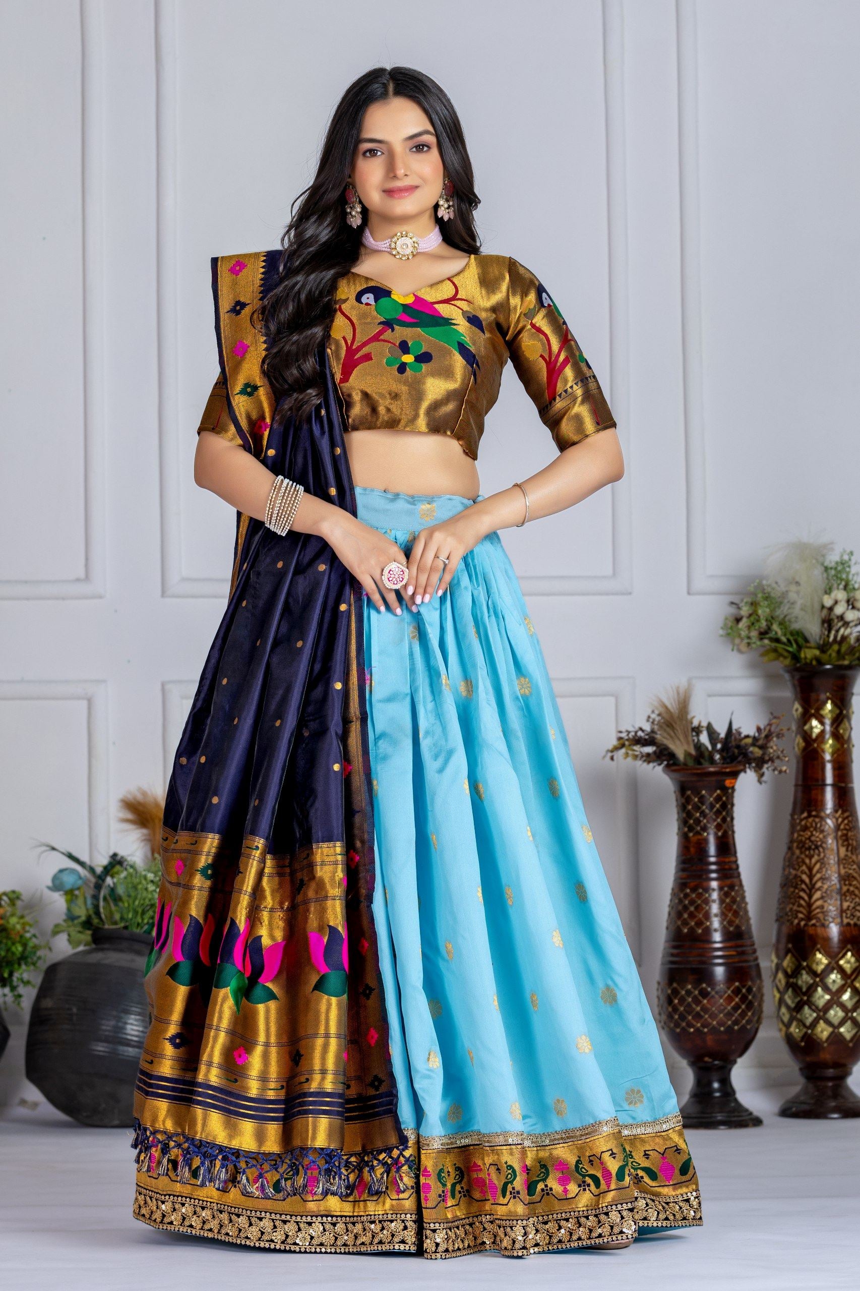 Sky Blue Lehenga Choli with Jacquard Zari Weaving & Embroidery Lace Detailing