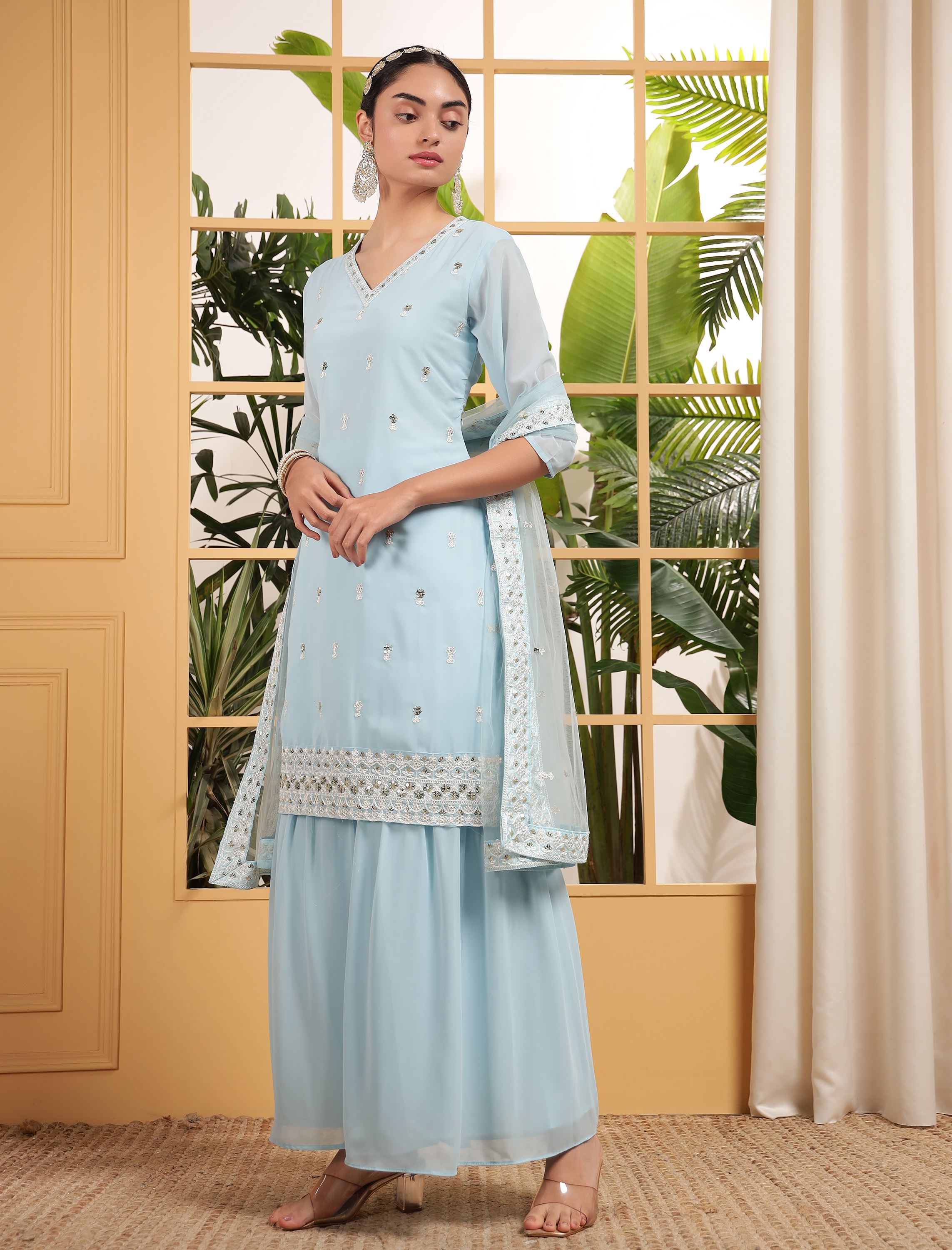 Sky Sharara Dress With Sequence Embroidered