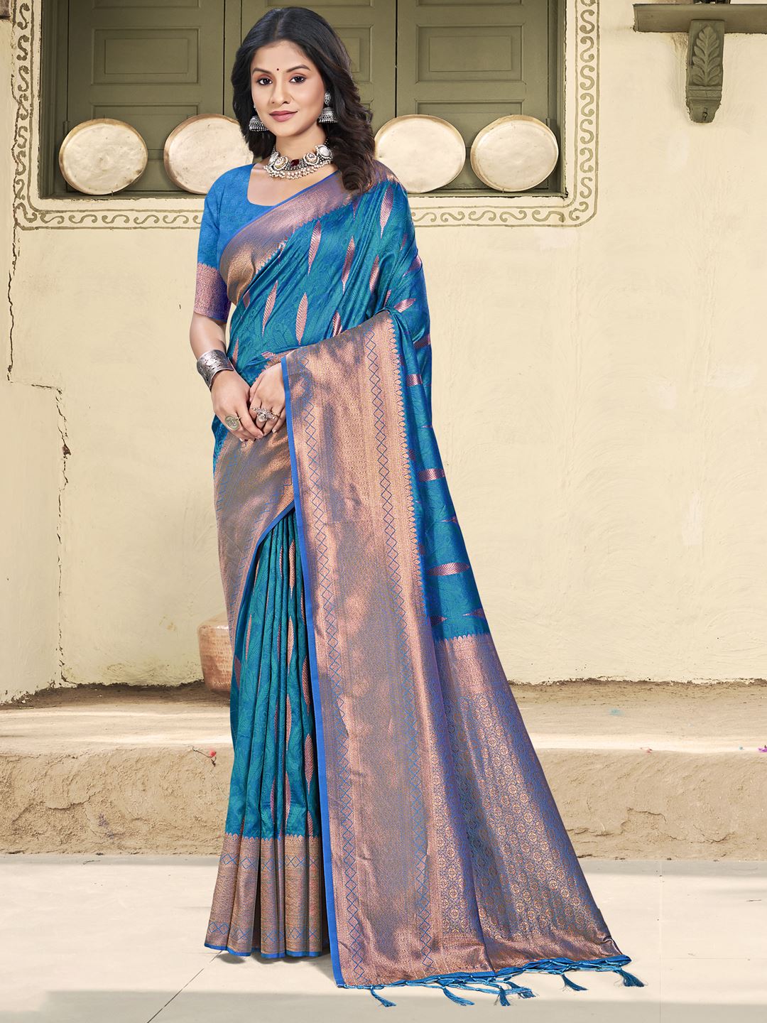 Teal Blue Color Festival Wear Silk Saree