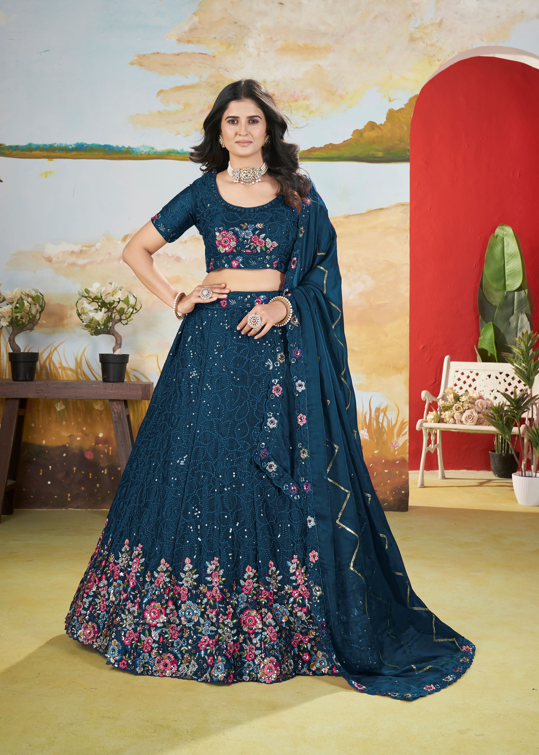 Teal Chinnon Lehenga with Floral Design and Sequin Detailing