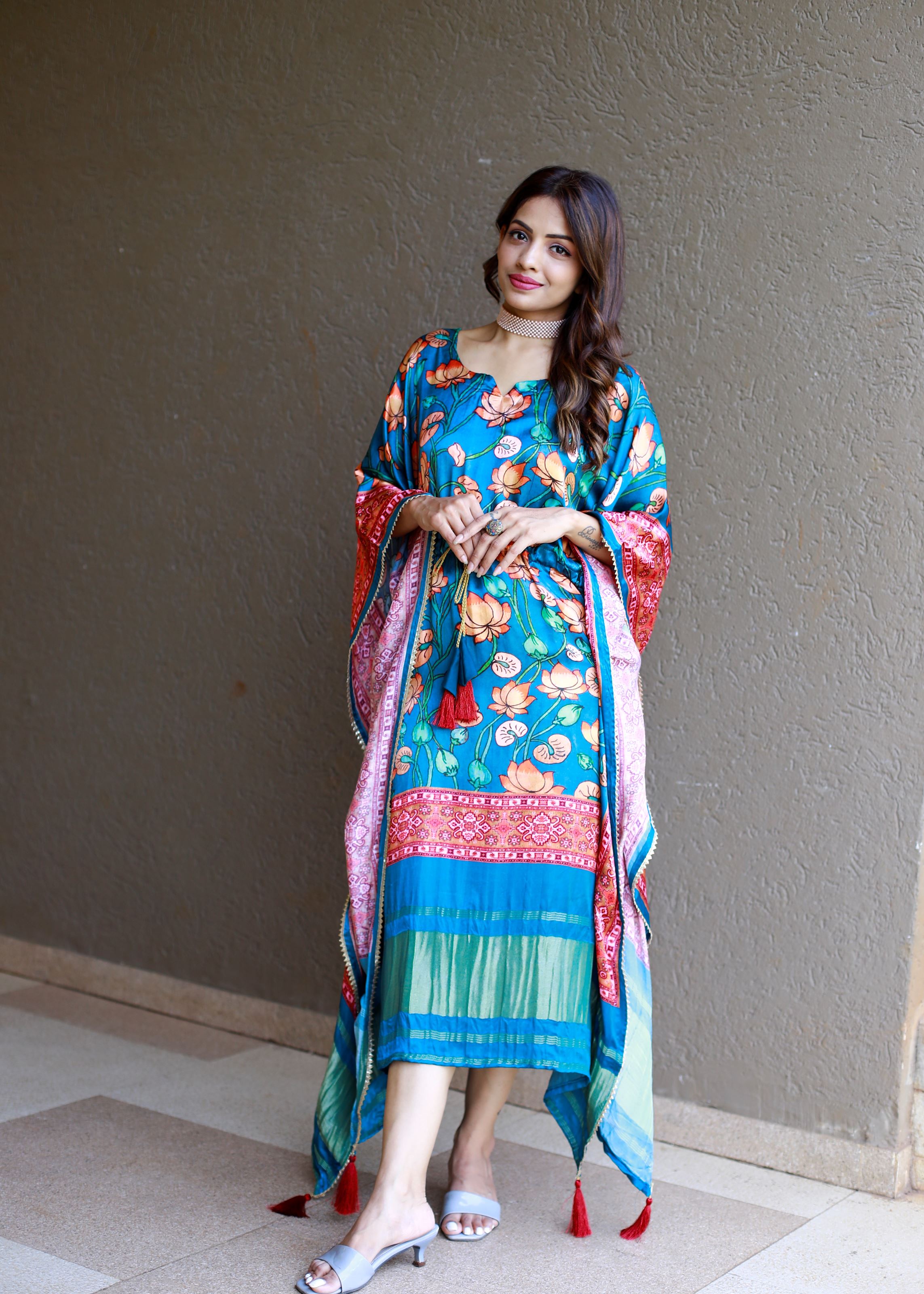 Teal Color Pure Gaji Silk Kaftan with Gotta Patti  Tassels