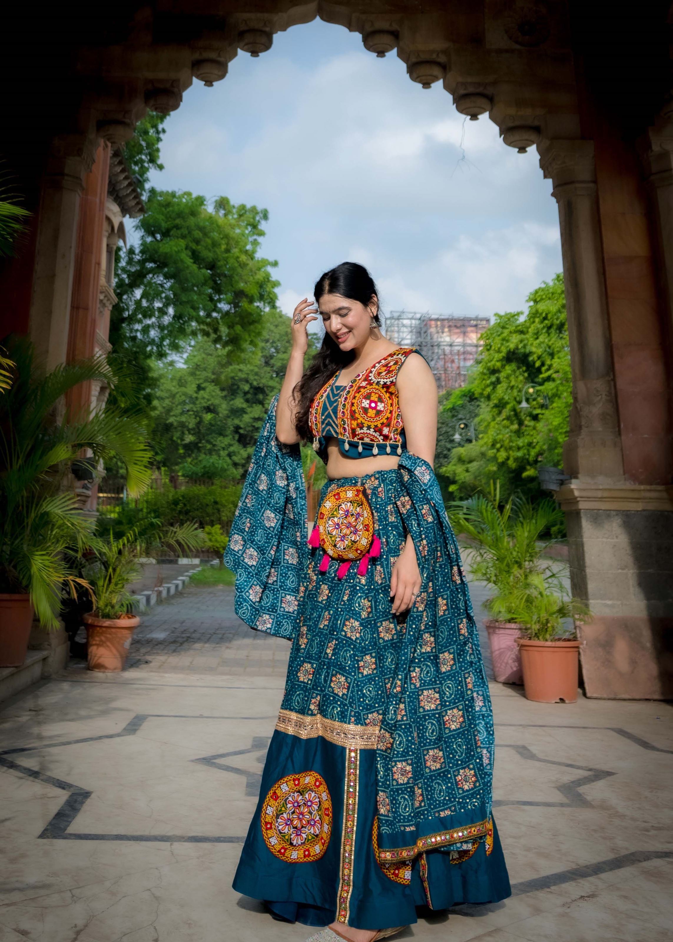 Teal Foil Work Lehenga Choli with Gamthi Patch and Lace Detailing