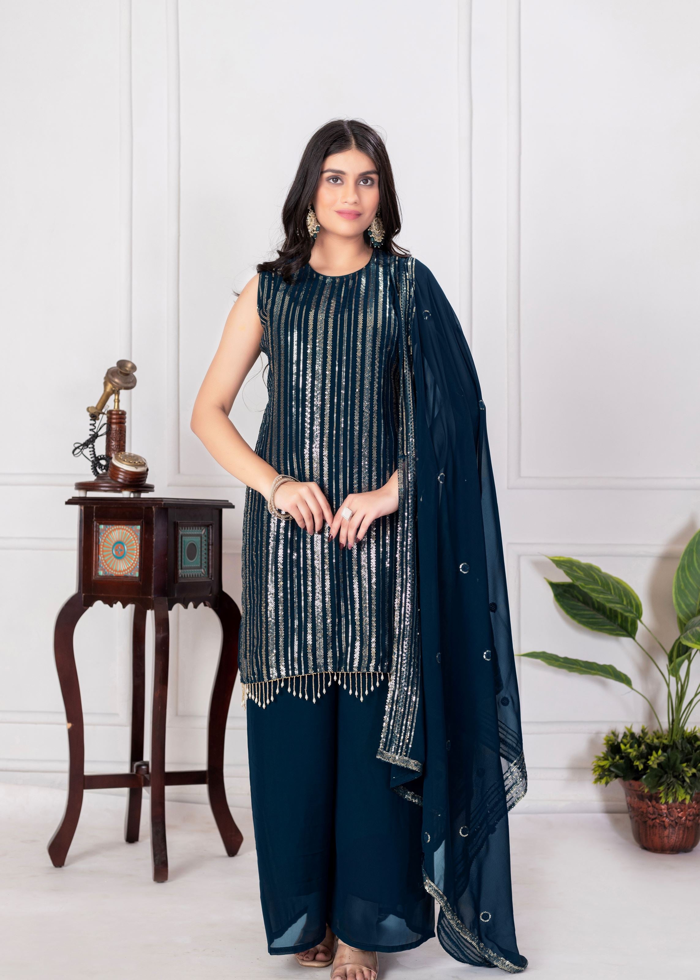 Teal Sharara Dress With Sequence Embroidered