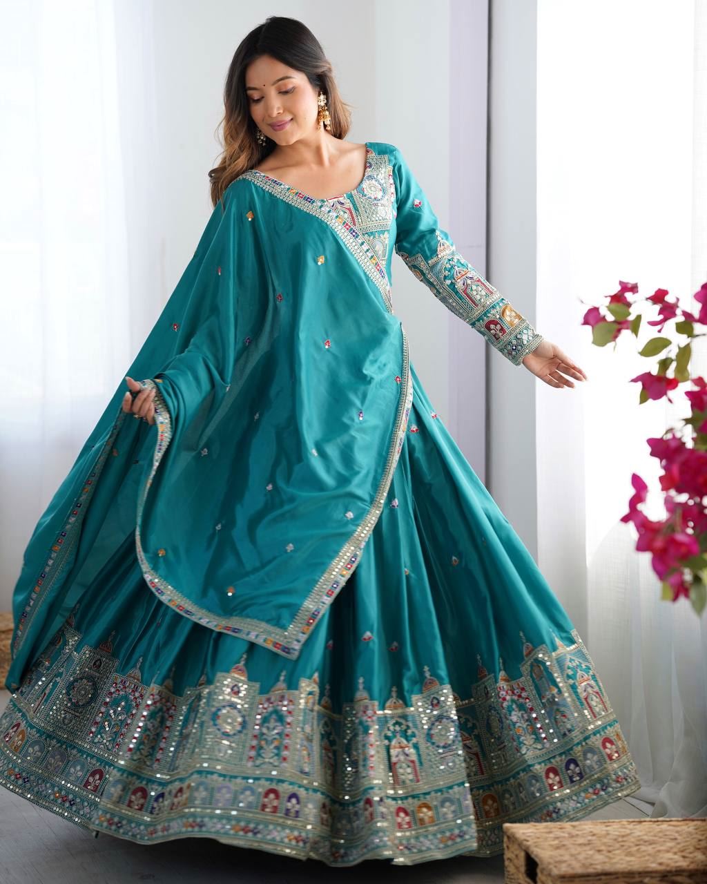 Tealblue Lehenga Choli With Coding Dori With Thread  Sequnce Work