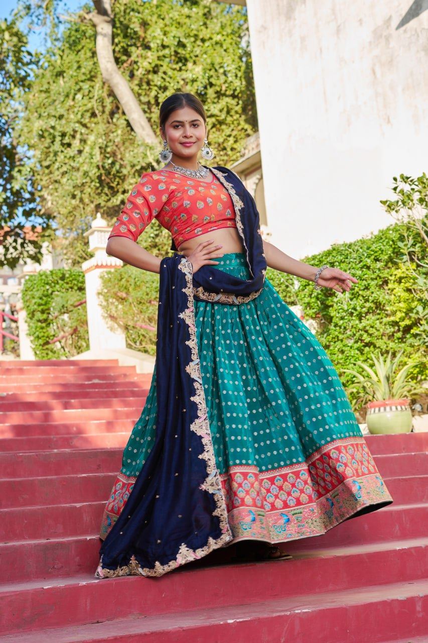 Tealblue Lehenga Choli With Viscose Position Print With Jacquard Touch Up