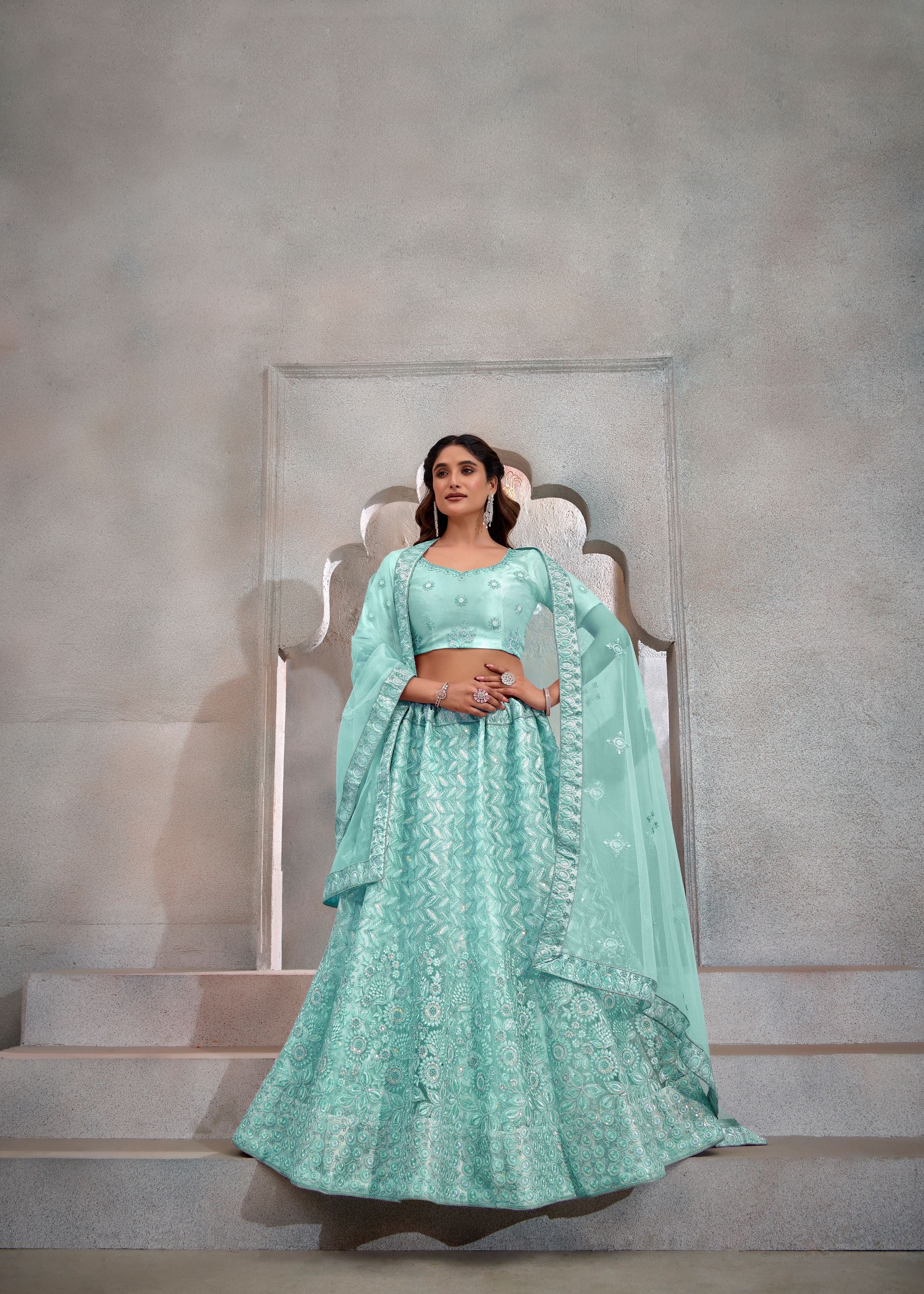 Turquoise Net Lehenga with Modern Sequin Embroidery
