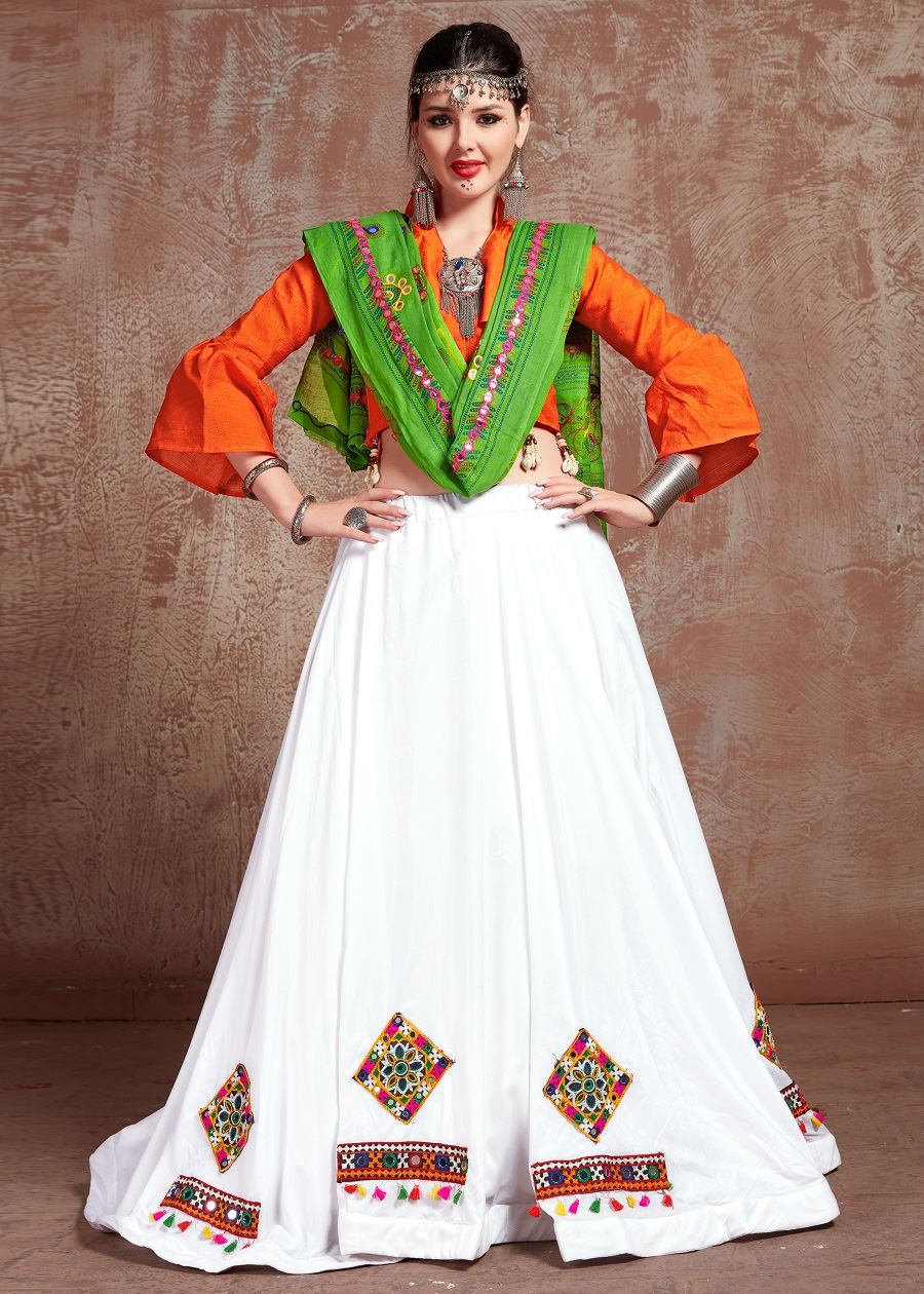 White And Orange Navratri Chaniya Choli With Gamthi Work Butta And  Tassels Lace