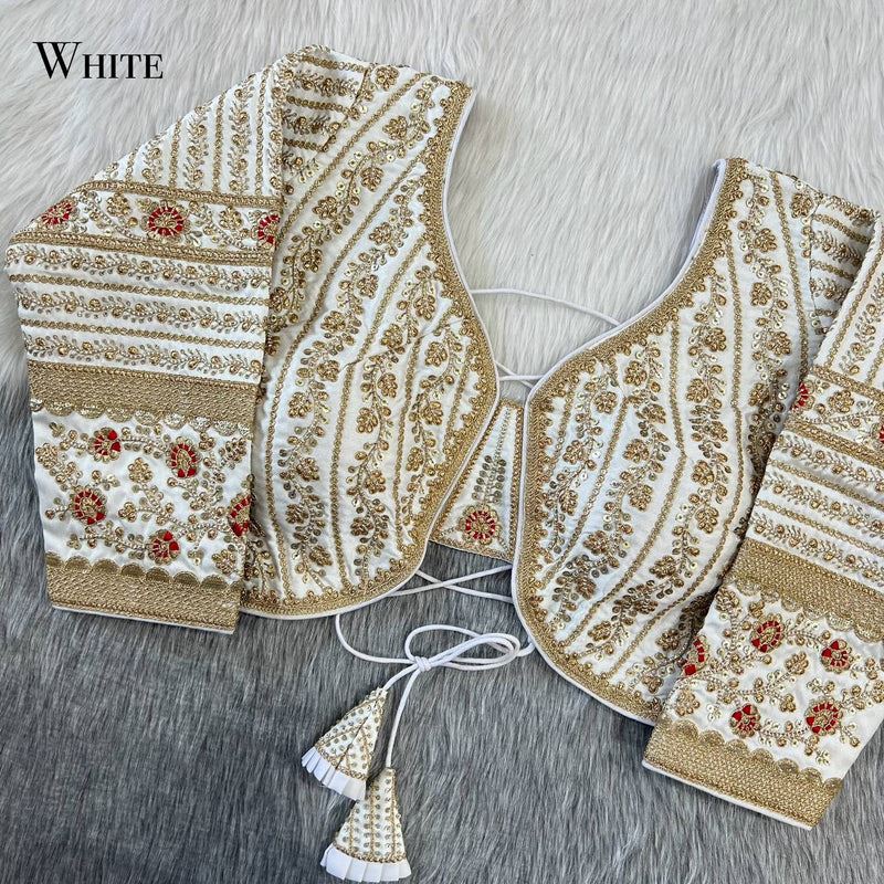 White Beautiful Long Sleeves Backless Bridal Blouse With Embroidery  Sequins Work