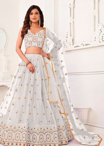 White Butterfly Net Lehenga Choli With  Thread And Zari Sandwich Sequence Embroidery Work
