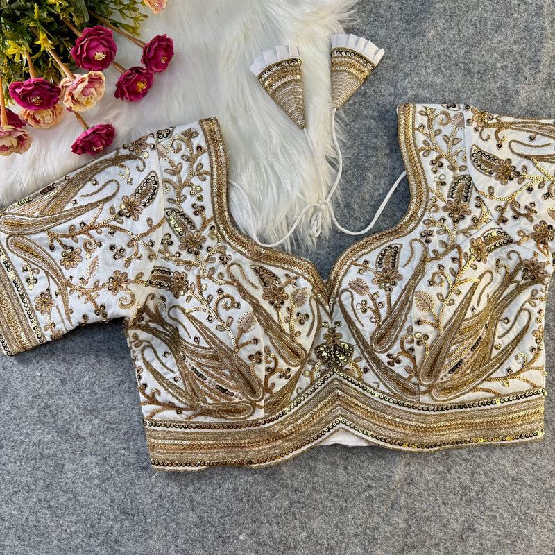 White Designer Blouse with Heavy Sequin Embroidery