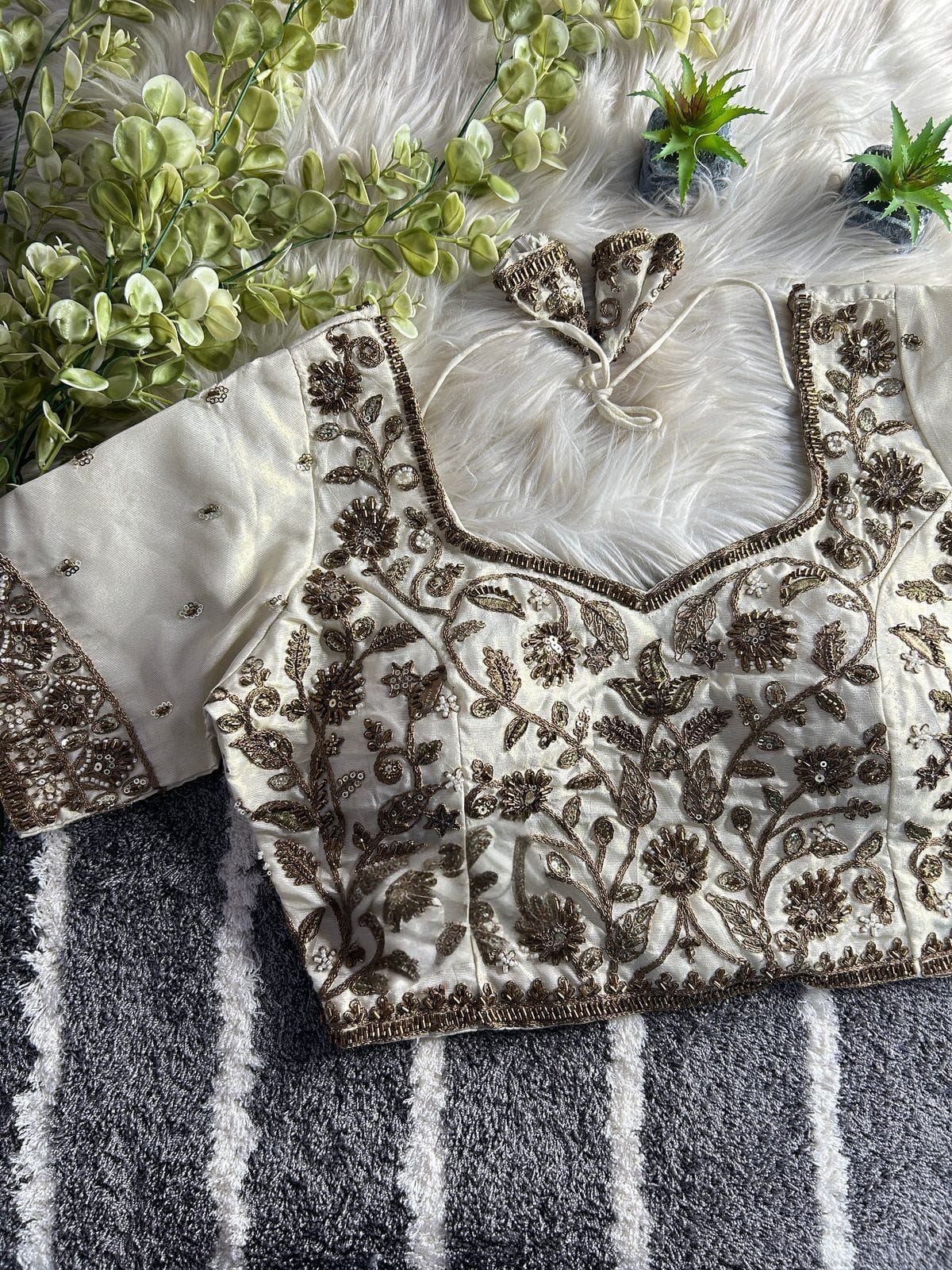 White Designer Embroidered Silk Blouse with Zari & Sequin Work