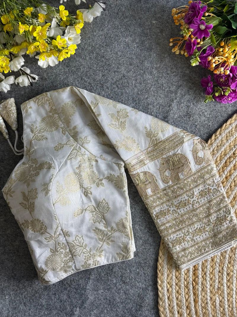 White Elegant Silk Blouse with Intricate Elephant Design