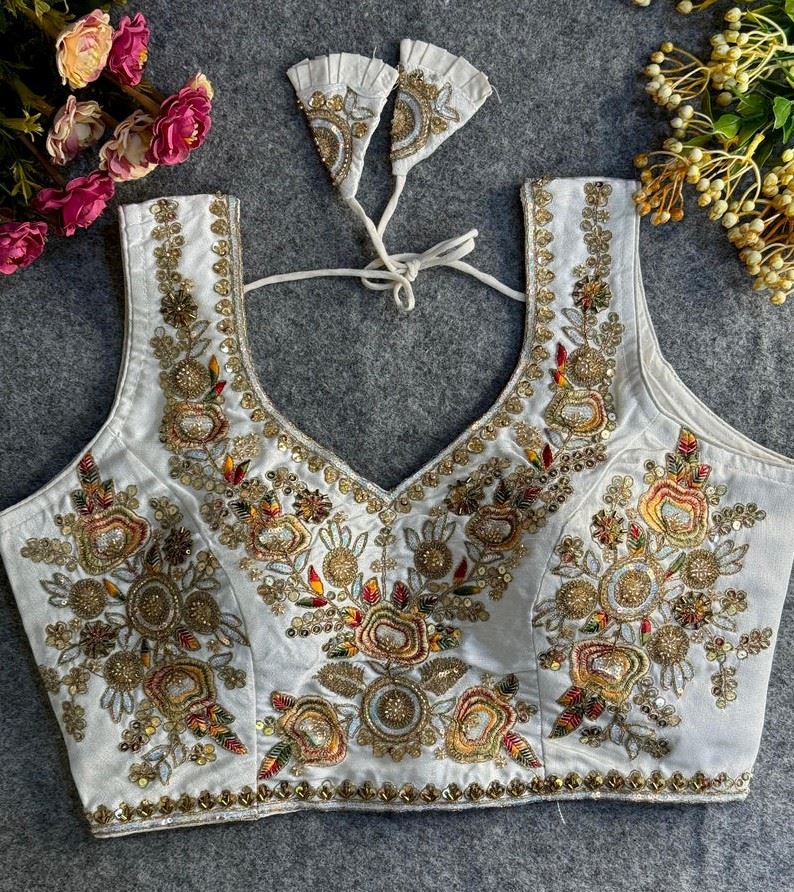 White Embroidered Blouse with Gold Work Sleeves attached
