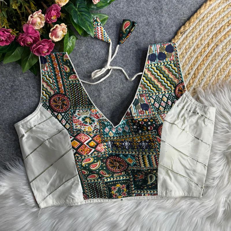 White Ethnic Print Garba Blouse with Bold Contrast Look