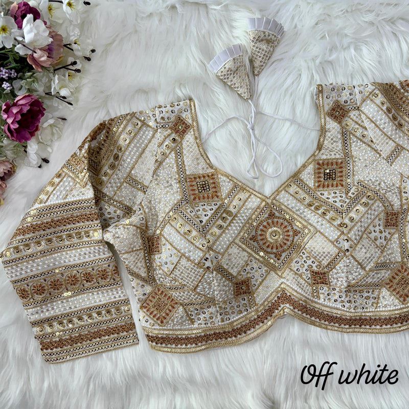 White Heavy Bridal Blouse with Long Sleeves & Apple Cut Design
