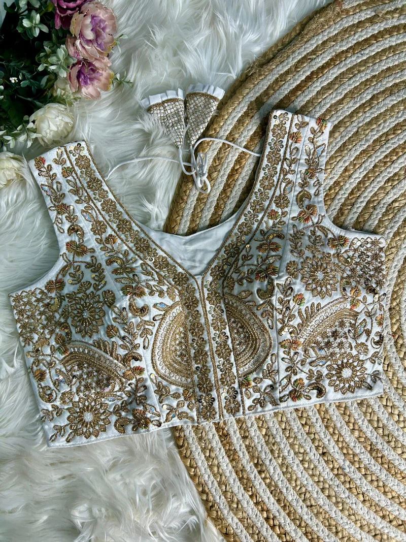 White Heavy Handwork Partywear Blouse  Elegance in Every Stitch