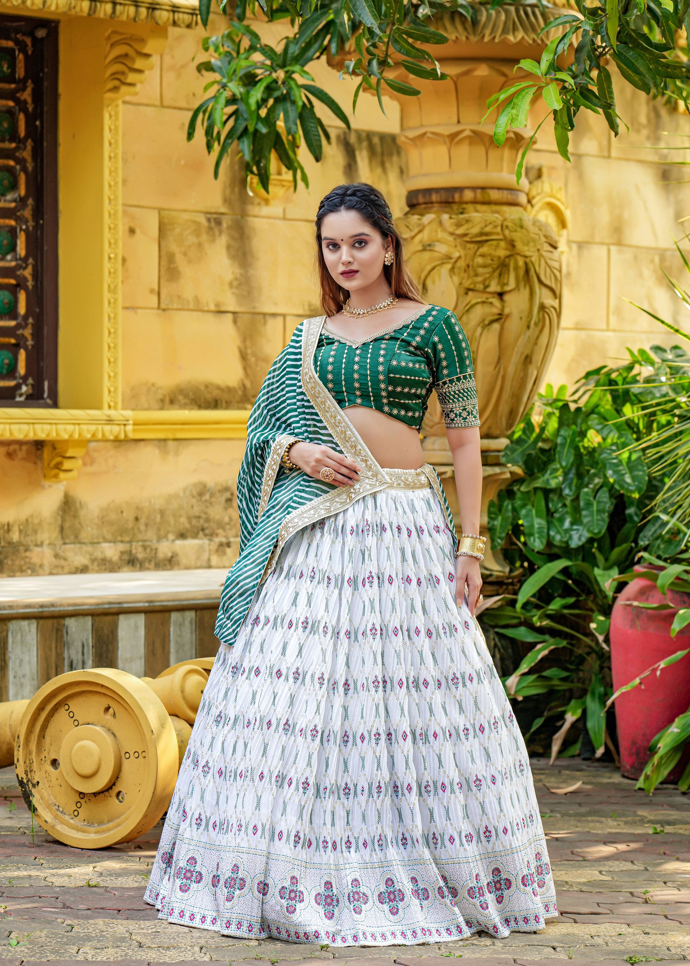 White Lehenga Choli With Heavy Foil Print  Embroidery Work Belt