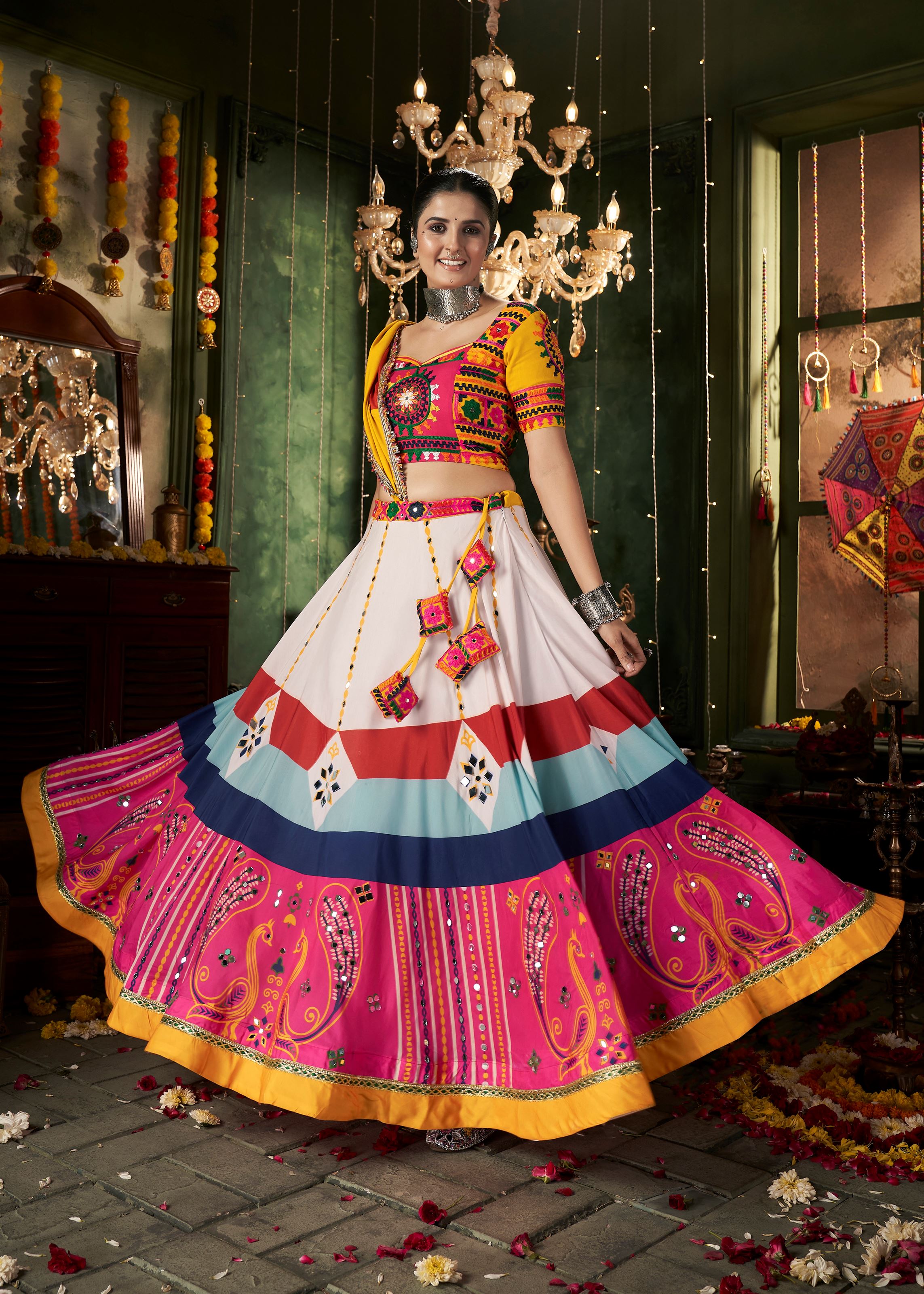 White Navratri Lehenga Choli With Printed