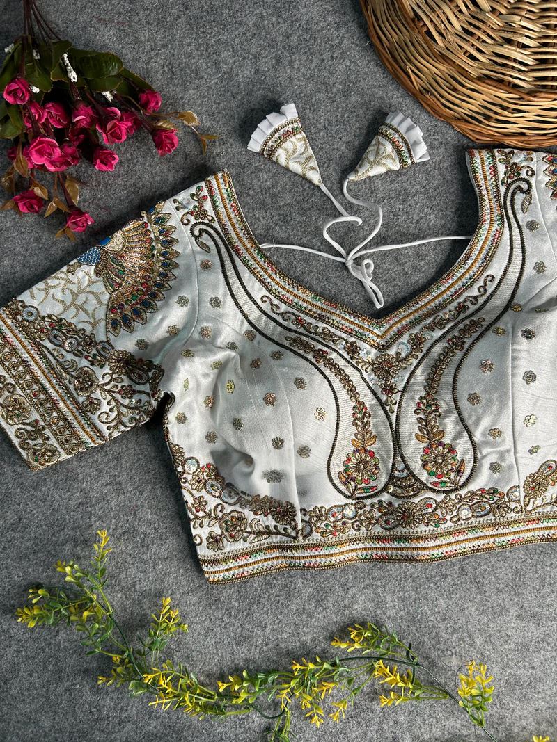 White Peacock Embroidery Work Blouse  Heavy Work on Back  Sleeves