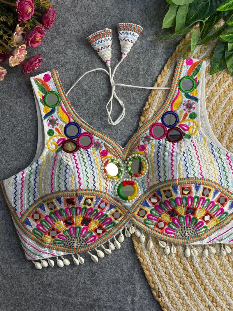 White Real Handwork  Mirror Work Navratri Blouse