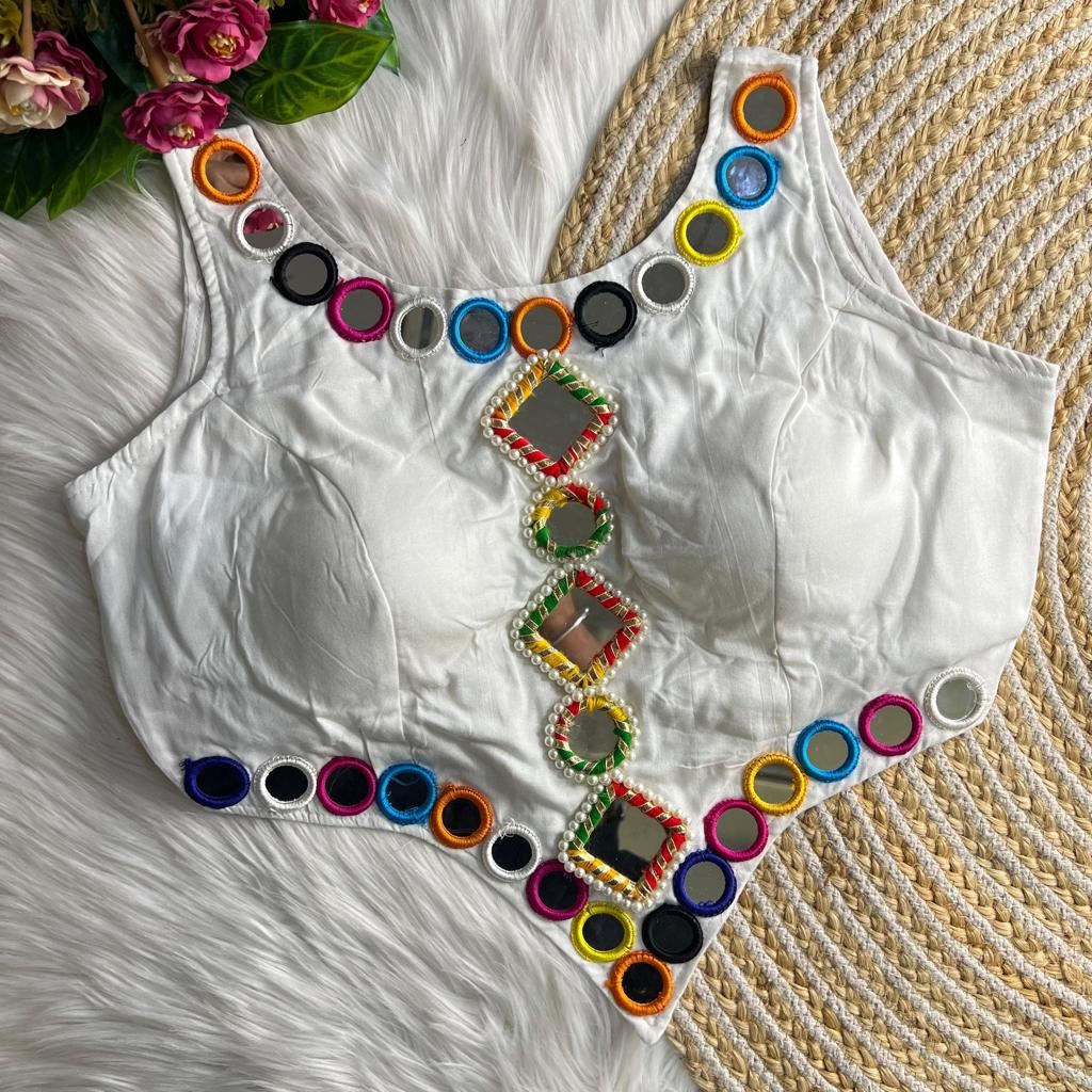 White Real Mirror Navratri Handwork Blouse