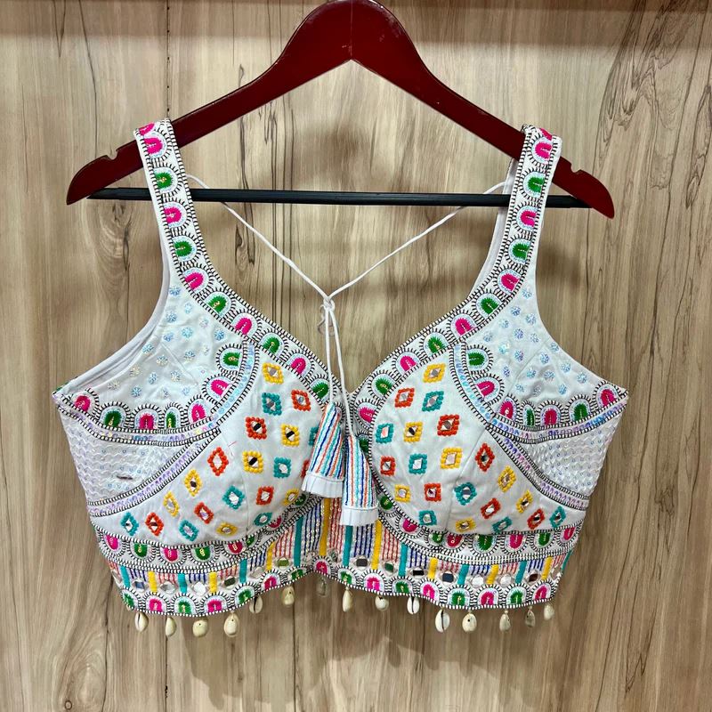 White Timo Silk Royal Shine Blouse with Real Mirror Work –10" Sleeve Attached