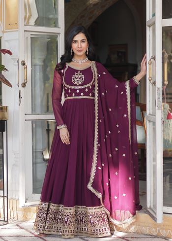 Wine Anarkali With Heavy Sequins Embroidered work