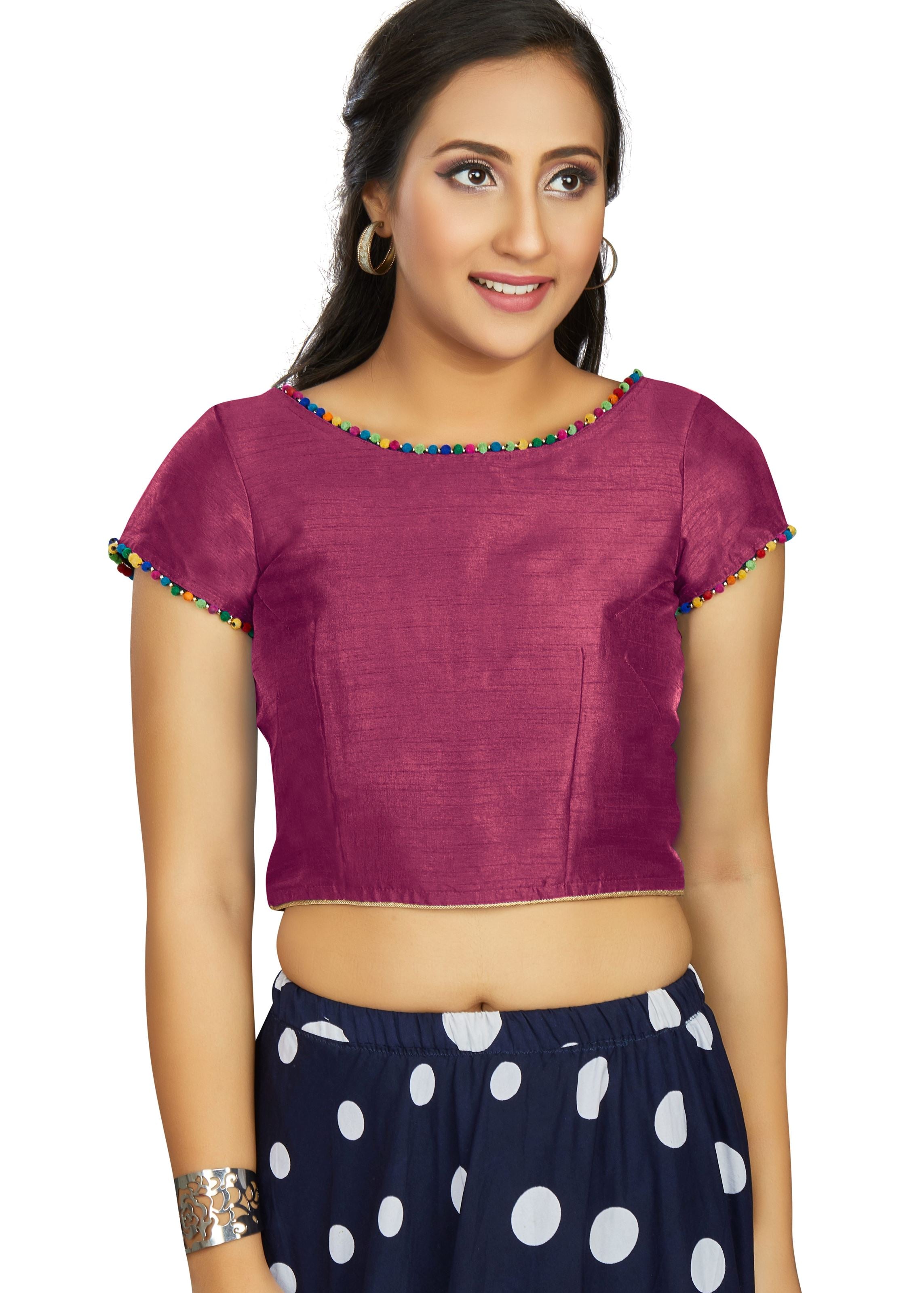 Wine Art Silk Boat Neck Plain Blouse