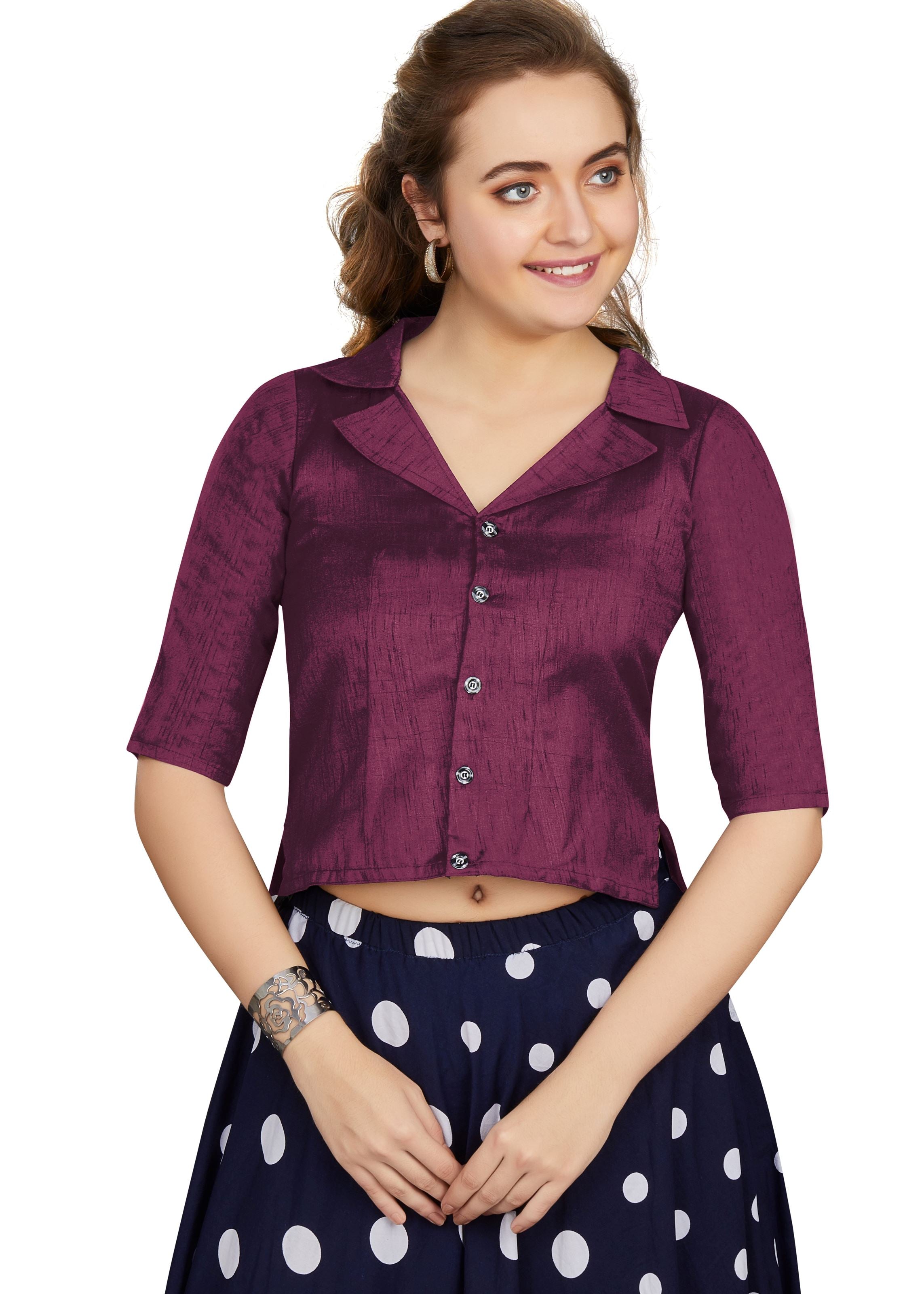 Wine Art Silk Collar Neck Plain Blouse