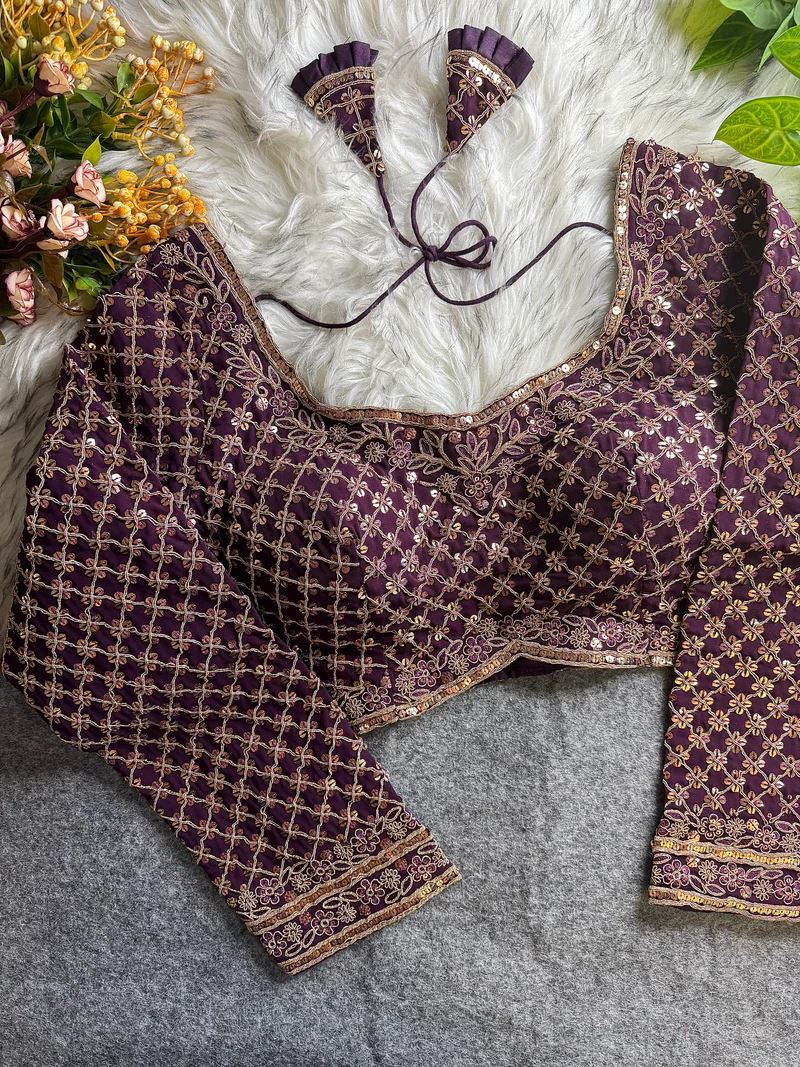 Wine Bridal Blouse with Full Sleeves, U-Neck & Heavy Floral Sequin Work