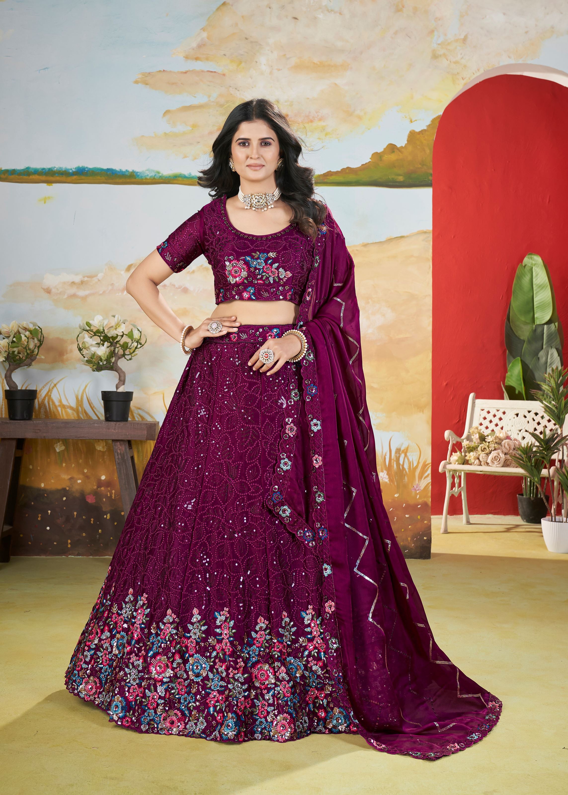 Wine Chinnon Lehenga with Floral Pattern  Sequin Work